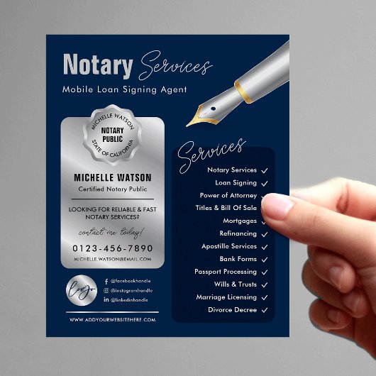 Signatur von Notar-Agenten Briefmarke Navy & Silve Flyer