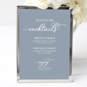 Signature Cocktails Chic Script Dusty Blue Sign Poster