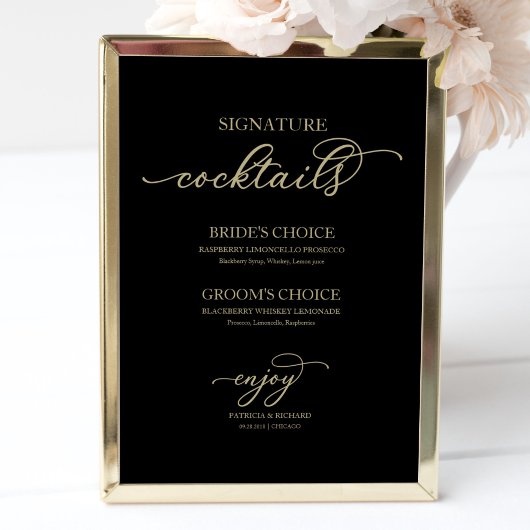 Signature Cocktails Gold Script Black Sign Poster