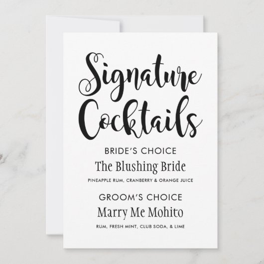 Signature Cocktails Moderne Schwarze Script Hochze (Vorderseite)