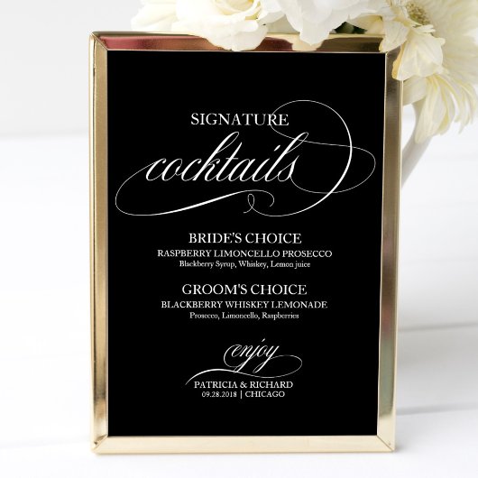 Signature-Cocktails Schwarz-weiße Hochzeitssymbol Poster