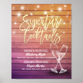 Signature Drink Menu Champagne Glass Wood Poster