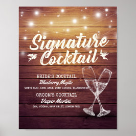 Signature Drink Menu Champagne Glass Wood Poster