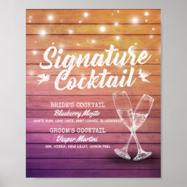 Signature Drink Menu Champagne Glass Wood Poster