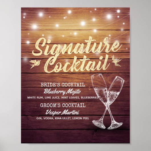 Signature Drink Menu Champagne Glass Wood Poster (Vorne)