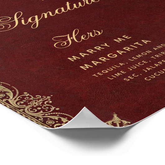 Signature Drinks Burgundy Gold Script Hochzeitszei Poster (Ecke)