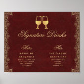 Signature Drinks Burgundy Gold Script Hochzeitszei Poster (Vorne)