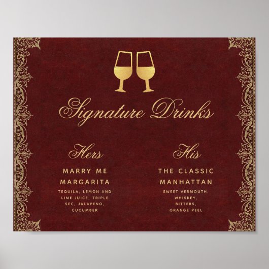 Signature Drinks Burgundy Gold Script Hochzeitszei Poster (Vorne)