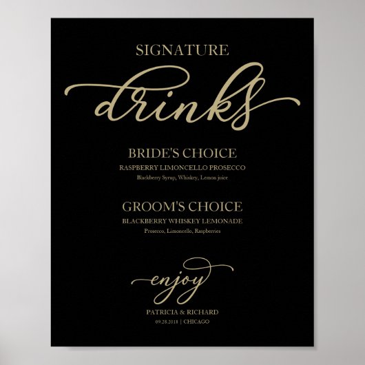 Signature Drinks Chic Gold Script Black Sign Poster (Vorne)