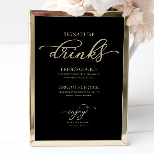 Signature Drinks Chic Gold Script Black Sign Poster