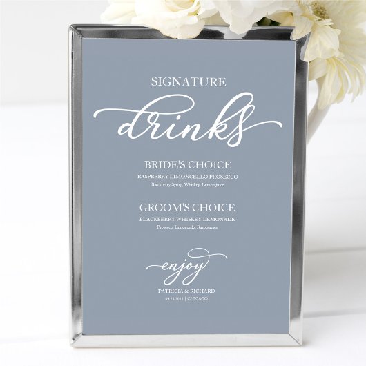 Signature Drinks Chic Script Dusty Blue Sign Poster