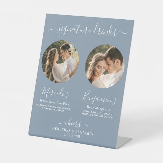 Signature Drinks Custom Foto Dusty Blue Wedding Sockelschild (Vorderseite)