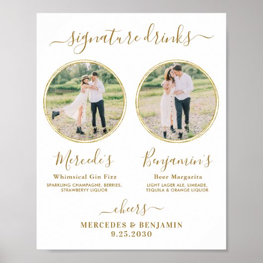Signature Drinks Custom Foto Gold Wedding Bar Poster (Vorne)