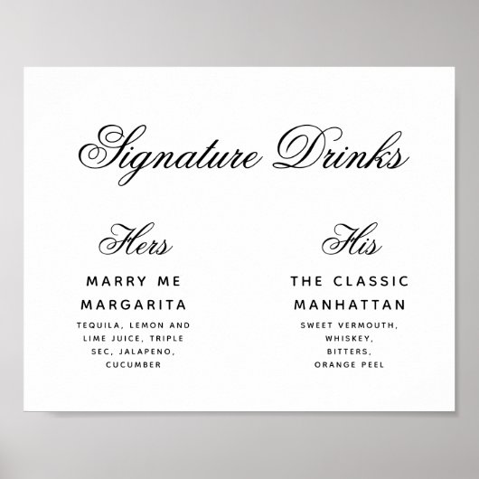 Signature Drinks einfache schwarz-weiße Hochzeitss Poster (Vorne)