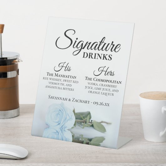 Signature Drinks Elegant Dusty Blue Rose Hochzeit Sockelschild (In SItu)