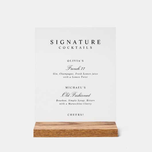 Signature Drinks Elegant Simple Wedding Bar Acrylschild (Vorderseite)
