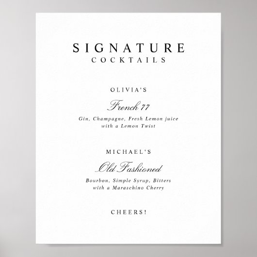 Signature Drinks Elegant Simple Wedding Bar Sign Poster (Vorne)