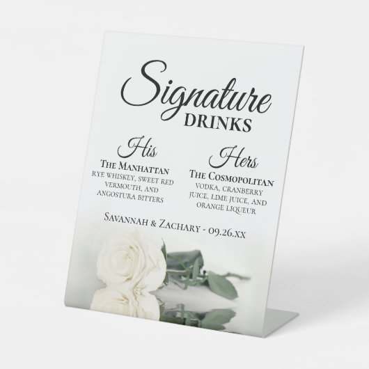 Signature Drinks Elegant White Rose Hochzeit Sockelschild (Vorderseite)