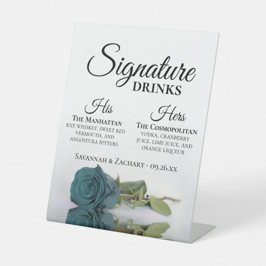 Signature Drinks Elegante Aquamarine Rose Hochzeit Sockelschild (Vorderseite)