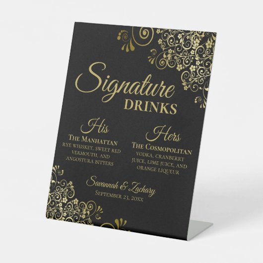 Signature Drinks Elegante Black & Gold Hochzeit Ba Sockelschild (Vorderseite)