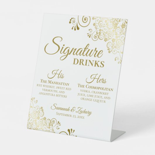 Signature Drinks Elegante Gold & White Wedding Bar Sockelschild (Vorderseite)
