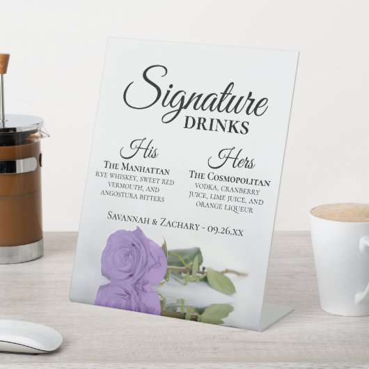 Signature Drinks Elegante Lavendel Rose Hochzeit Sockelschild (In SItu)