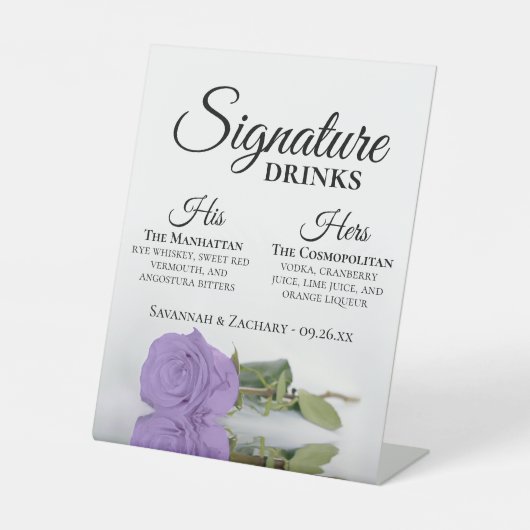 Signature Drinks Elegante Lavendel Rose Hochzeit Sockelschild (Vorderseite)