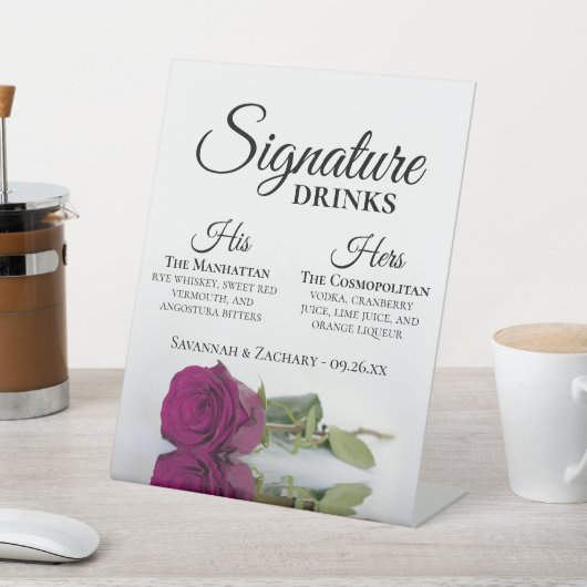Signature Drinks Elegante Magenta Rose Hochzeit Sockelschild (In SItu)