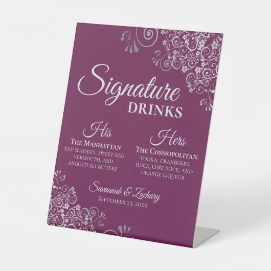 Signature Drinks Elegante Magenta & Silver Wedding Sockelschild (Vorderseite)