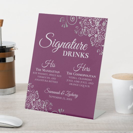 Signature Drinks Elegante Magenta & Silver Wedding Sockelschild (In SItu)