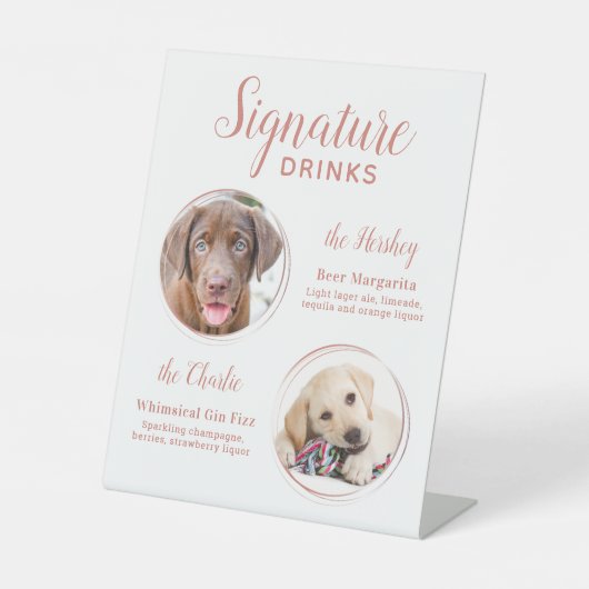 Signature Drinks Elegante Rose Gold Haustier Hochz Sockelschild (Vorderseite)