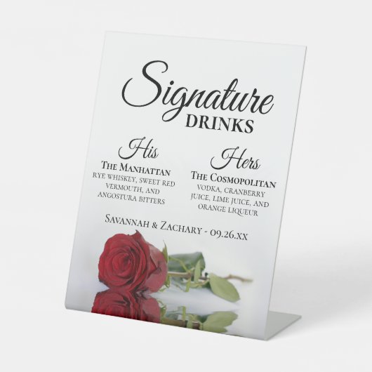 Signature Drinks Elegante Rote Rose Hochzeit Sockelschild (Vorderseite)