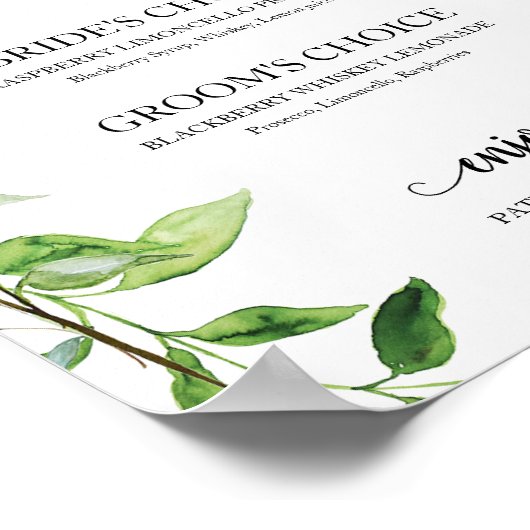 Signature Drinks Greenery Wasserfarbe Elegant Poster (Ecke)