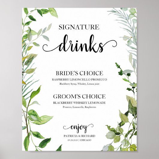Signature Drinks Greenery Wasserfarbe Elegant Poster (Vorne)