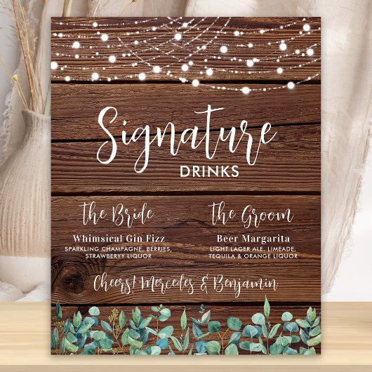 Signature Drinks Grüne String Lights Hochzeit Poster
