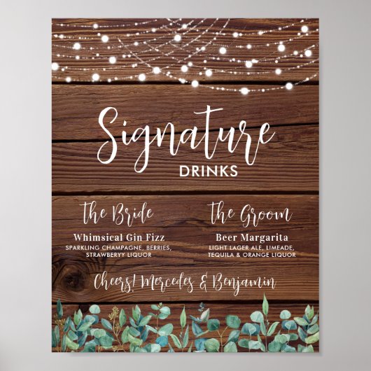 Signature Drinks Grüne String Lights Hochzeit Poster (Vorne)