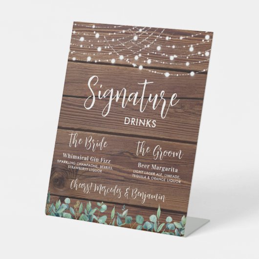 Signature Drinks Grüne String Lights Hochzeit Sockelschild (Vorderseite)