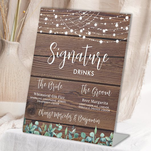 Signature Drinks Grüne String Lights Hochzeit Sockelschild