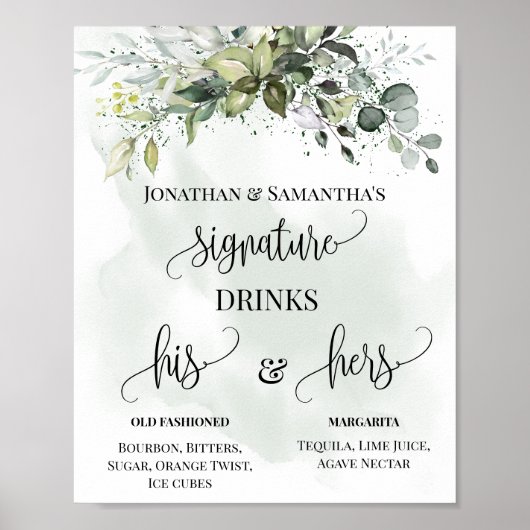 Signature Drinks Hochzeitempfang Eukalyptus-Zeiche Poster (Vorne)