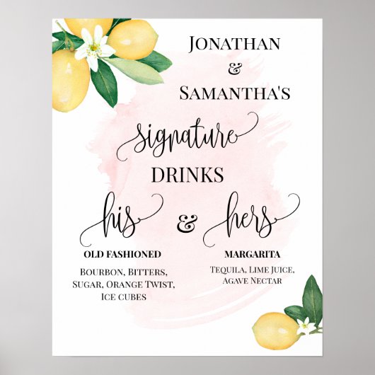 Signature Drinks Hochzeitsempfang Lemons Pink Pos Poster (Vorne)