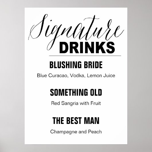 Signature Drinks Hochzeitzeichen schwarz-weiß Poster (Vorne)