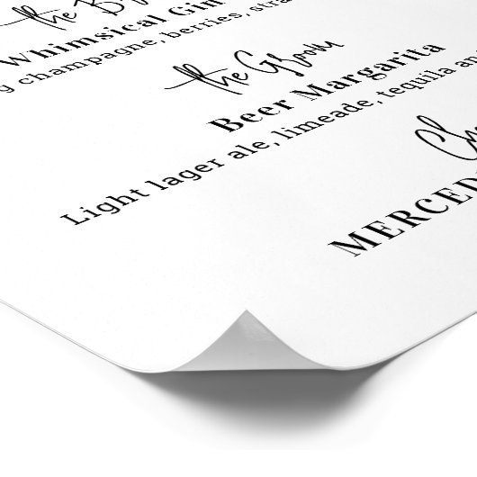 Signature Drinks Moderne kalligraphische Hochzeits Poster (Ecke)