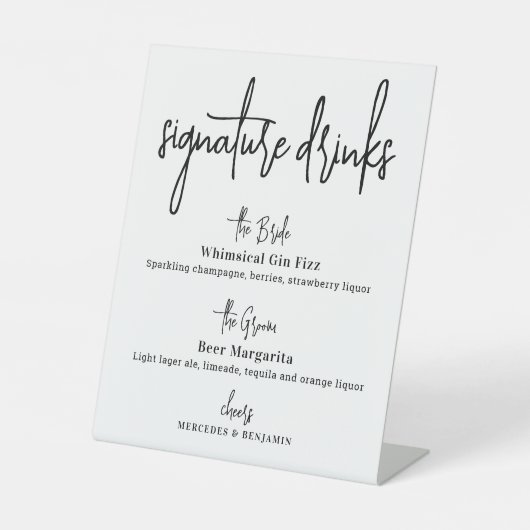 Signature Drinks Moderne kalligraphische Hochzeits Sockelschild (Vorderseite)