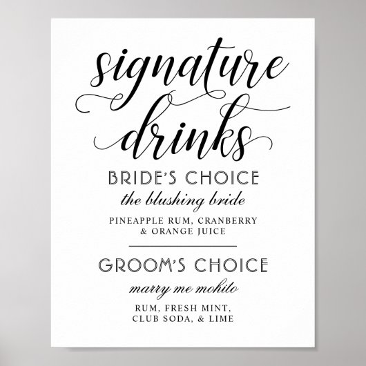 Signature Drinks Moderne Schwarz-weiße Script Hoch Poster (Vorne)