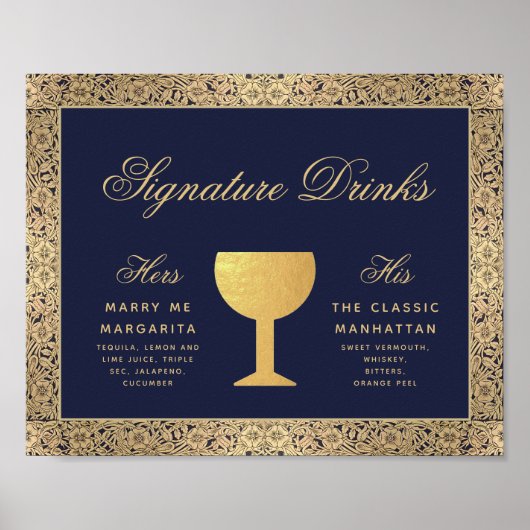 Signature Drinks Navy Blue Gold Rose Hochzeitszeic Poster (Vorne)