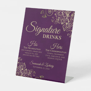 Signature Drinks Plum Lila & Gold Wedding Bar Sockelschild