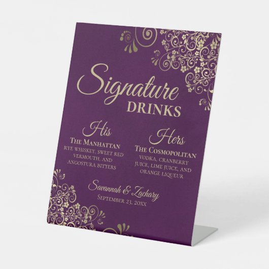 Signature Drinks Plum Lila & Gold Wedding Bar Sockelschild (Vorderseite)