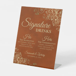 Signature Drinks Rost Orange & Gold Hochzeit Bar Sockelschild