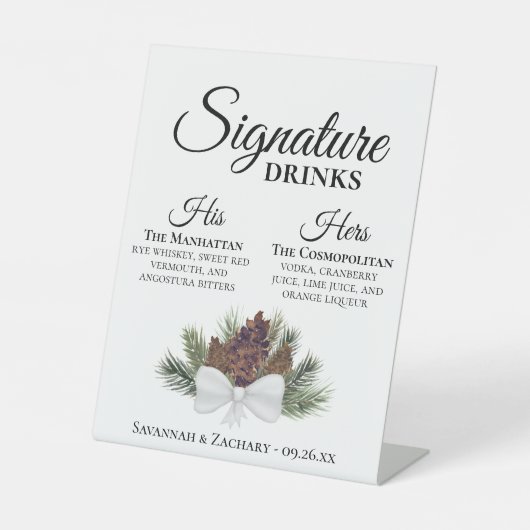 Signature Drinks rustikale Pinecones Bouquet Hochz Sockelschild (Vorderseite)