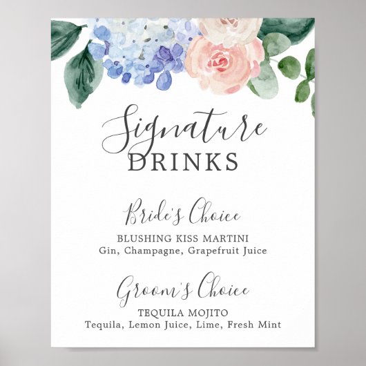 Signature Drinks signalisieren Elegant Blue Hydran Poster (Vorne)